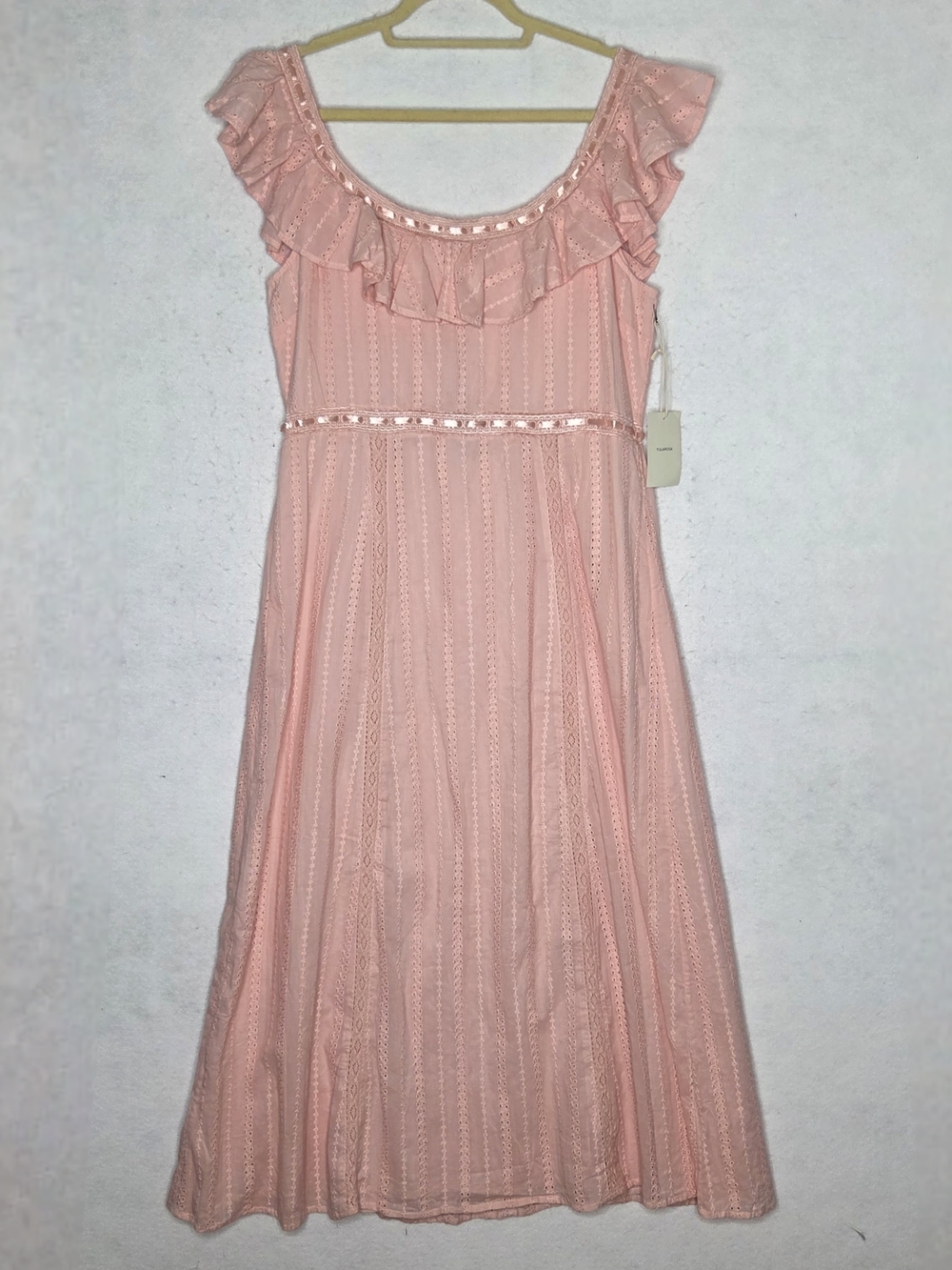 Tularosa NWT Ande Midi Dress Womens XL Baby Pink Eyelet Ruffle Cottagecore